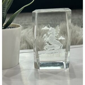 Unicorn Laser Etched Crystal Glass Paperweight Holographic 3D 3" Tall‎